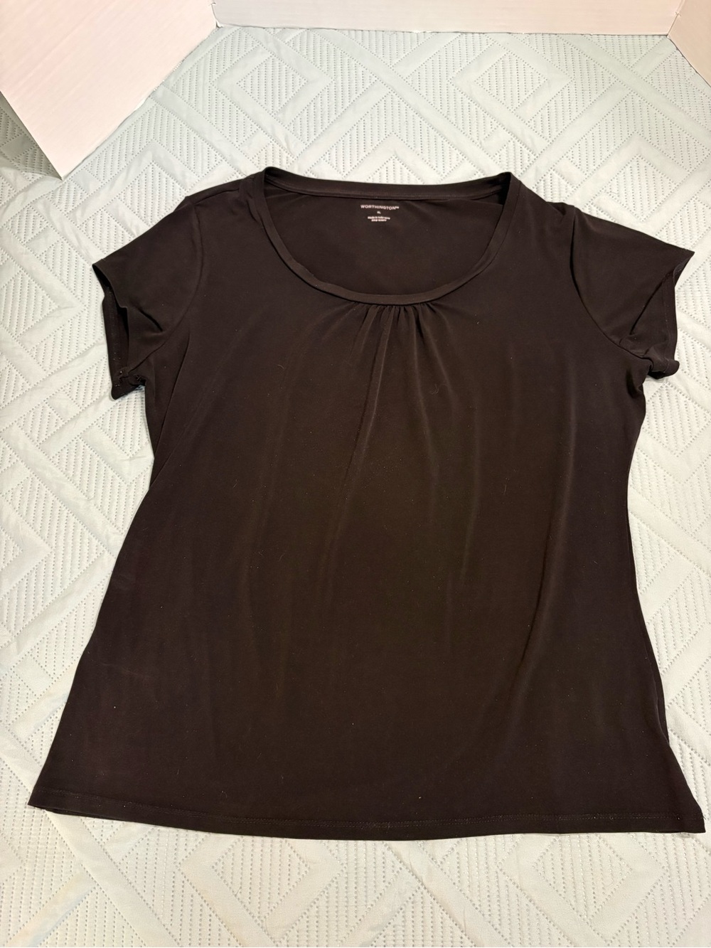 Worthington Women’s Black Stretch Cap Sleeve Blouse Pleated Front Size XL